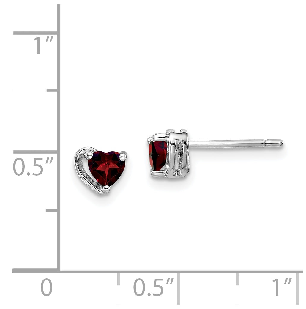 Sterling Silver Rhodium Plated Garnet Heart Post Earrings
