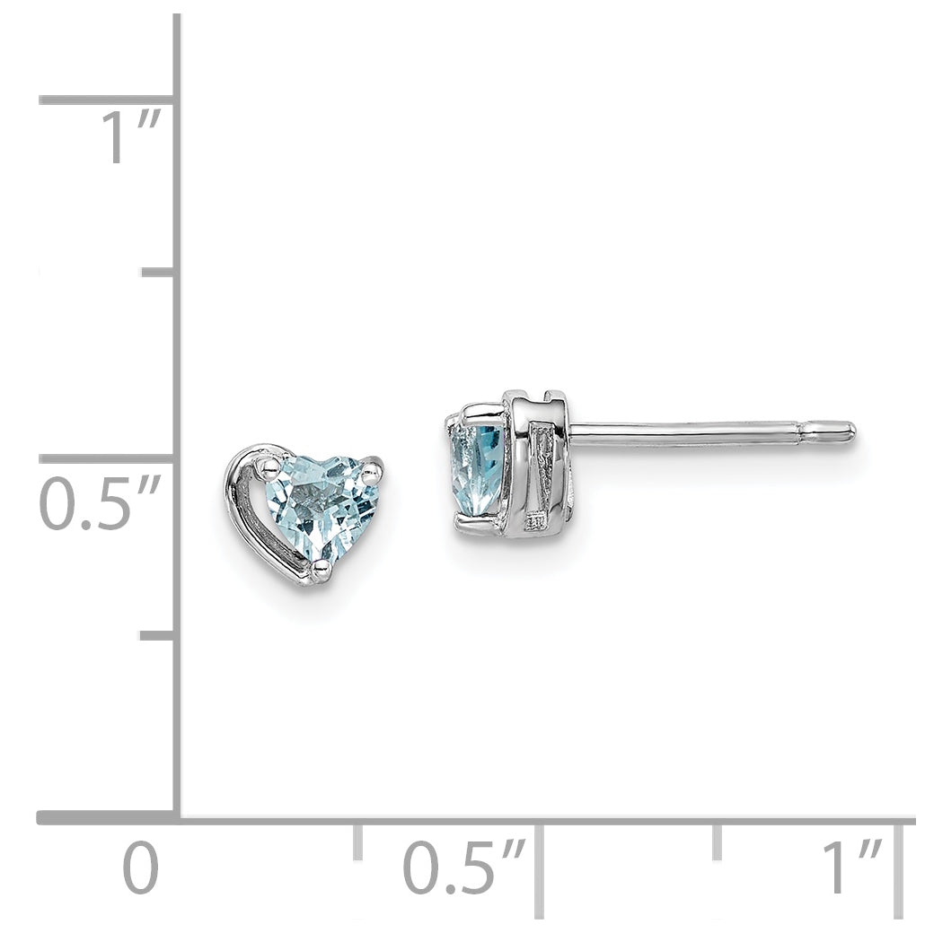 Sterling Silver Rhodium Plated Aquamarine Heart Post Earrings