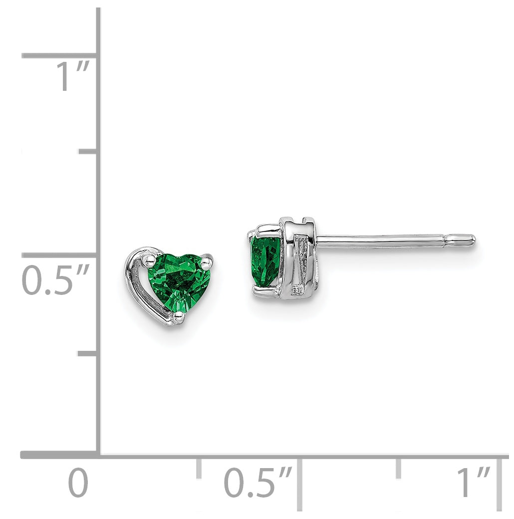 Sterling Silver Rhodium Plated Created Emerald Heart Post Earrings