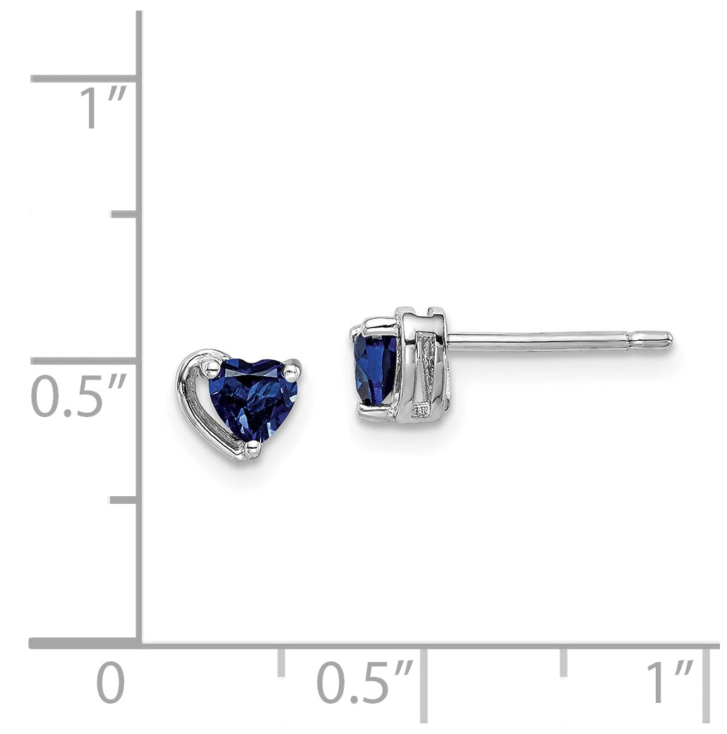 Sterling Silver Rhodium Plated Created Sapphire Heart Post Earrings