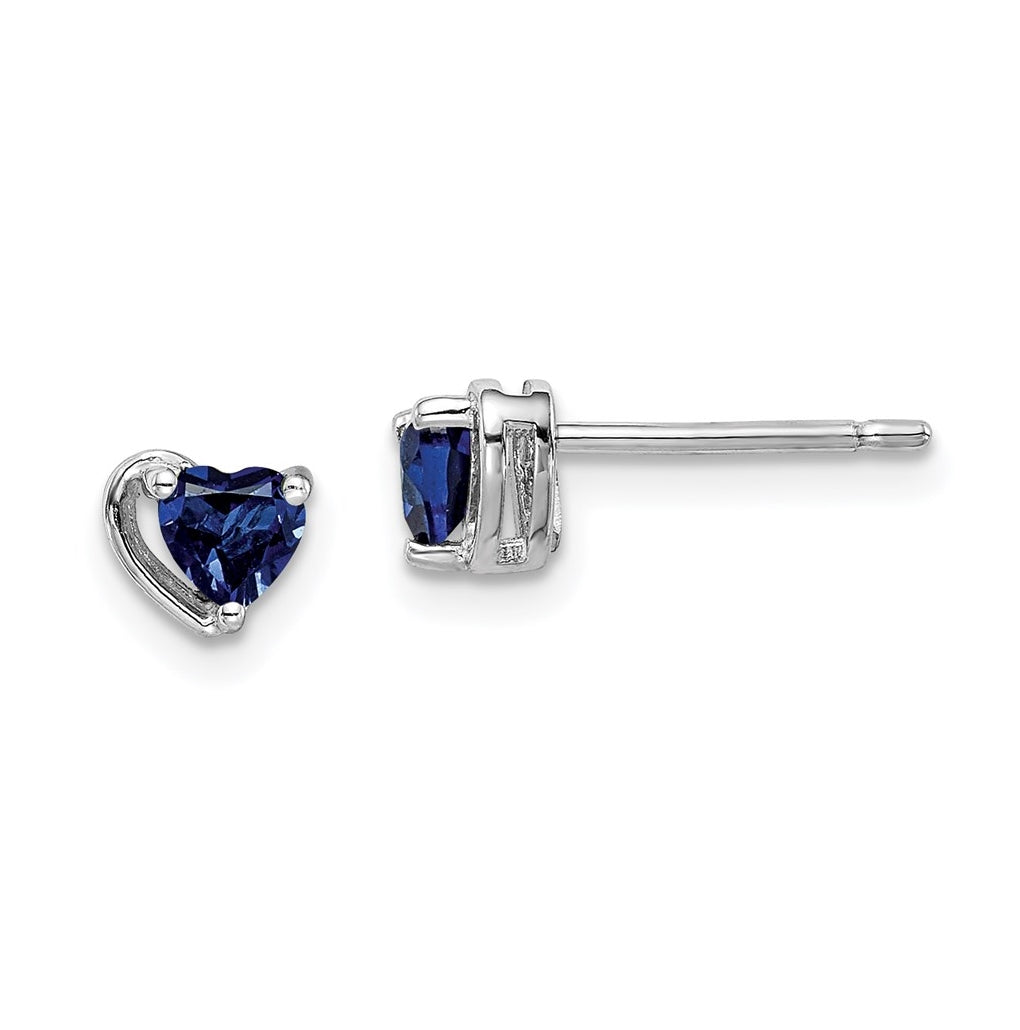 Sterling Silver Rhodium Plated Created Sapphire Heart Post Earrings