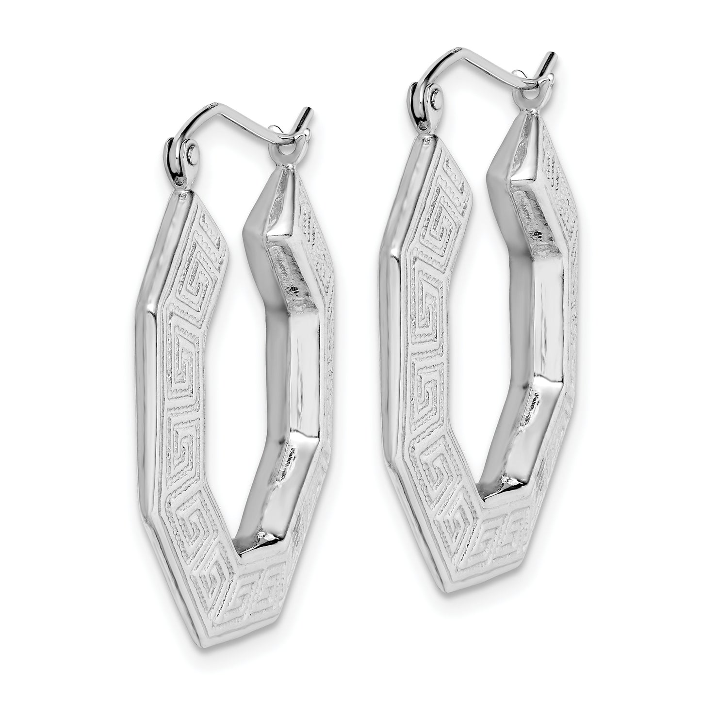 Sterling Silver Rhodium plated Textured Greek Key Hoop Earrings