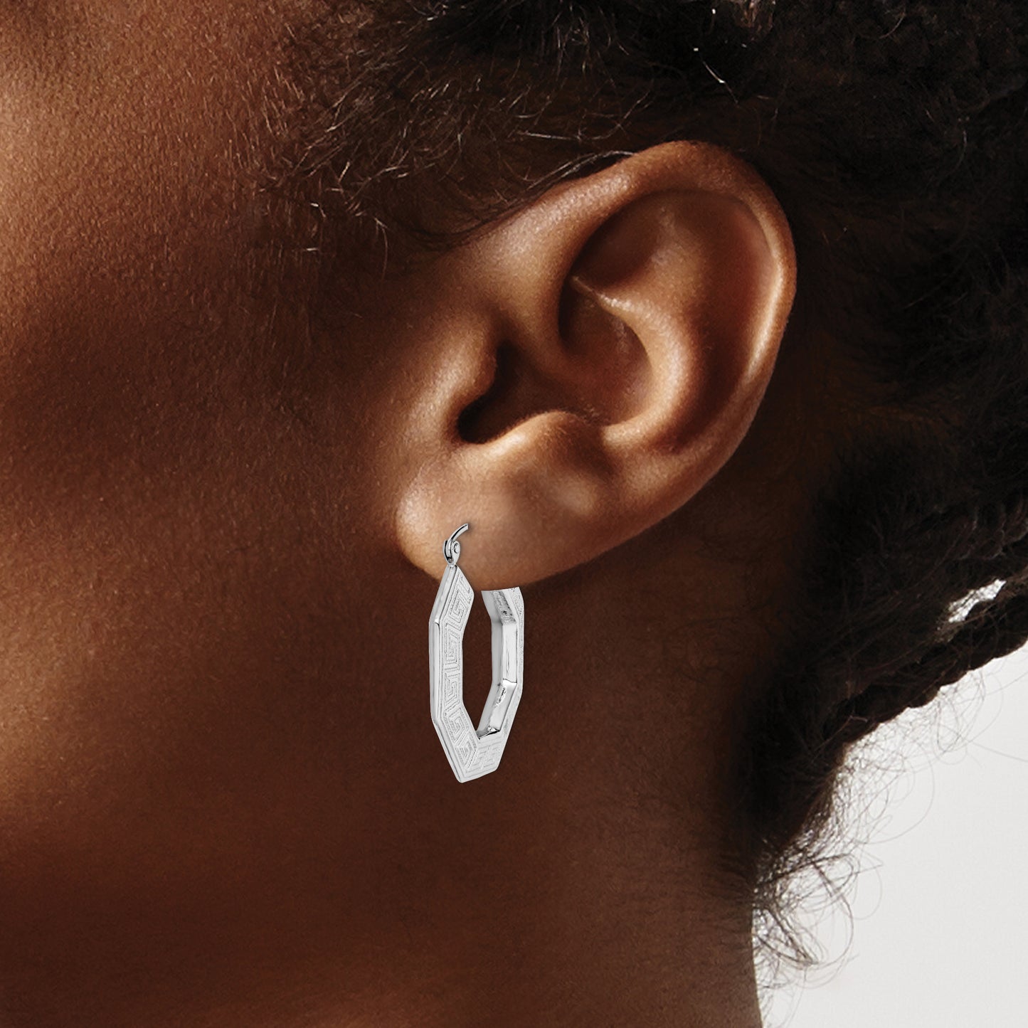 Sterling Silver Rhodium plated Textured Greek Key Hoop Earrings