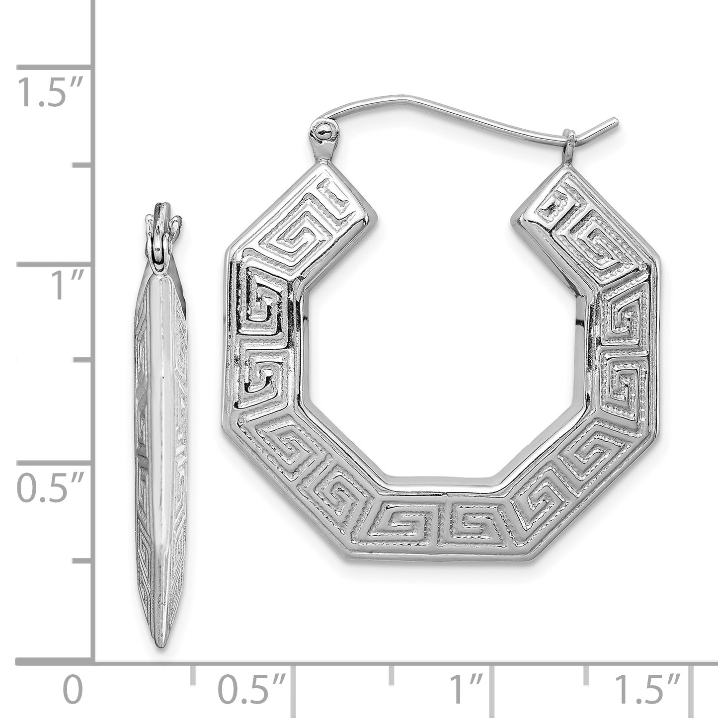 Sterling Silver Rhodium plated Textured Greek Key Hoop Earrings