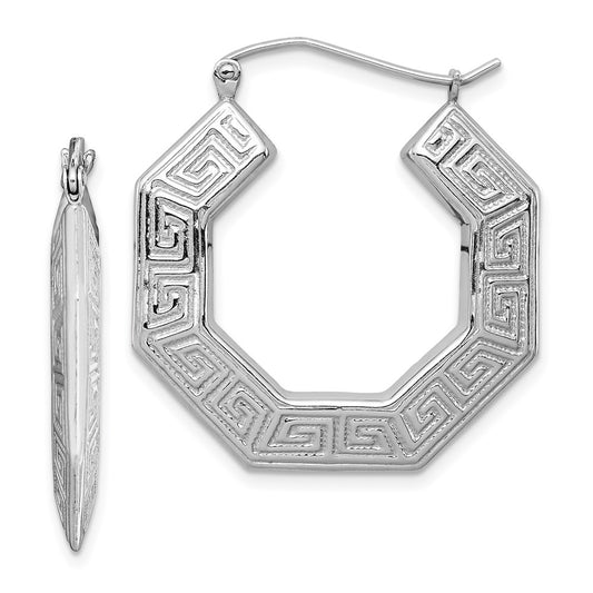 Sterling Silver Rhodium plated Textured Greek Key Hoop Earrings