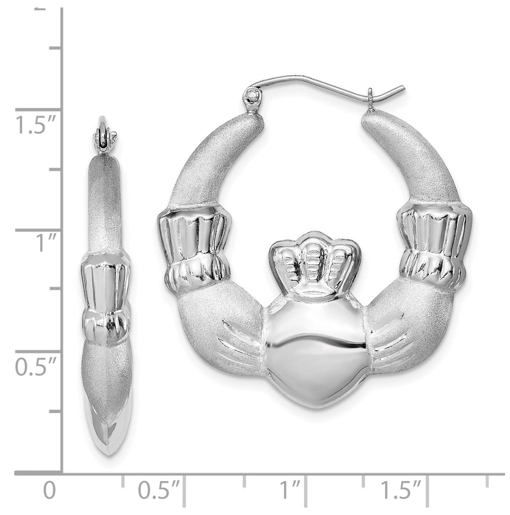 Sterling Silver Rhod-plated Polished/Satin Claddagh Hoop Earrings – Elegant Jewelry Gift for Birthday, Anniversary, Engagement, Wedding
