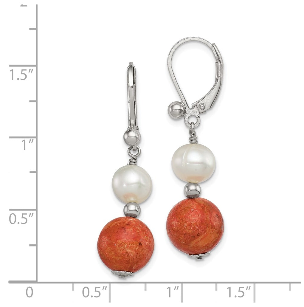 Sterling Silver Rhod-pltd FWC Pearl/Recons. Red Coral Dangle Earrings – Elegant Jewelry Gift for Birthday, Anniversary, Engagement, Wedding
