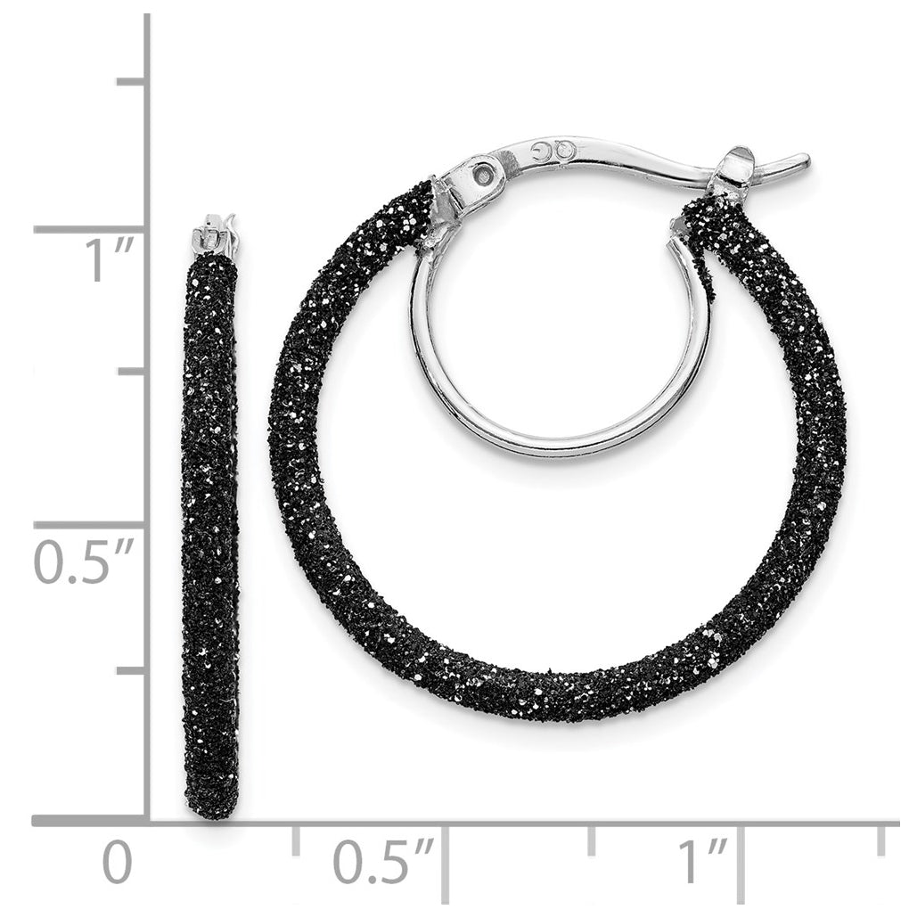 Sterling Silver Rhodium-plated Black Glitter Enamel 2x25mm Hoop Earrings – Elegant Jewelry Gift for Birthday, Anniversary, Engagement, Wedding