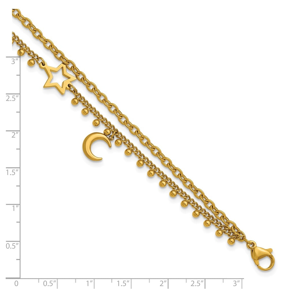Stainless Steel Polished Yellow IP Moon and Star 9.75in with 2in ext. Anklet – Elegant Jewelry Gift for Birthday, Anniversary, Engagement, Wedding