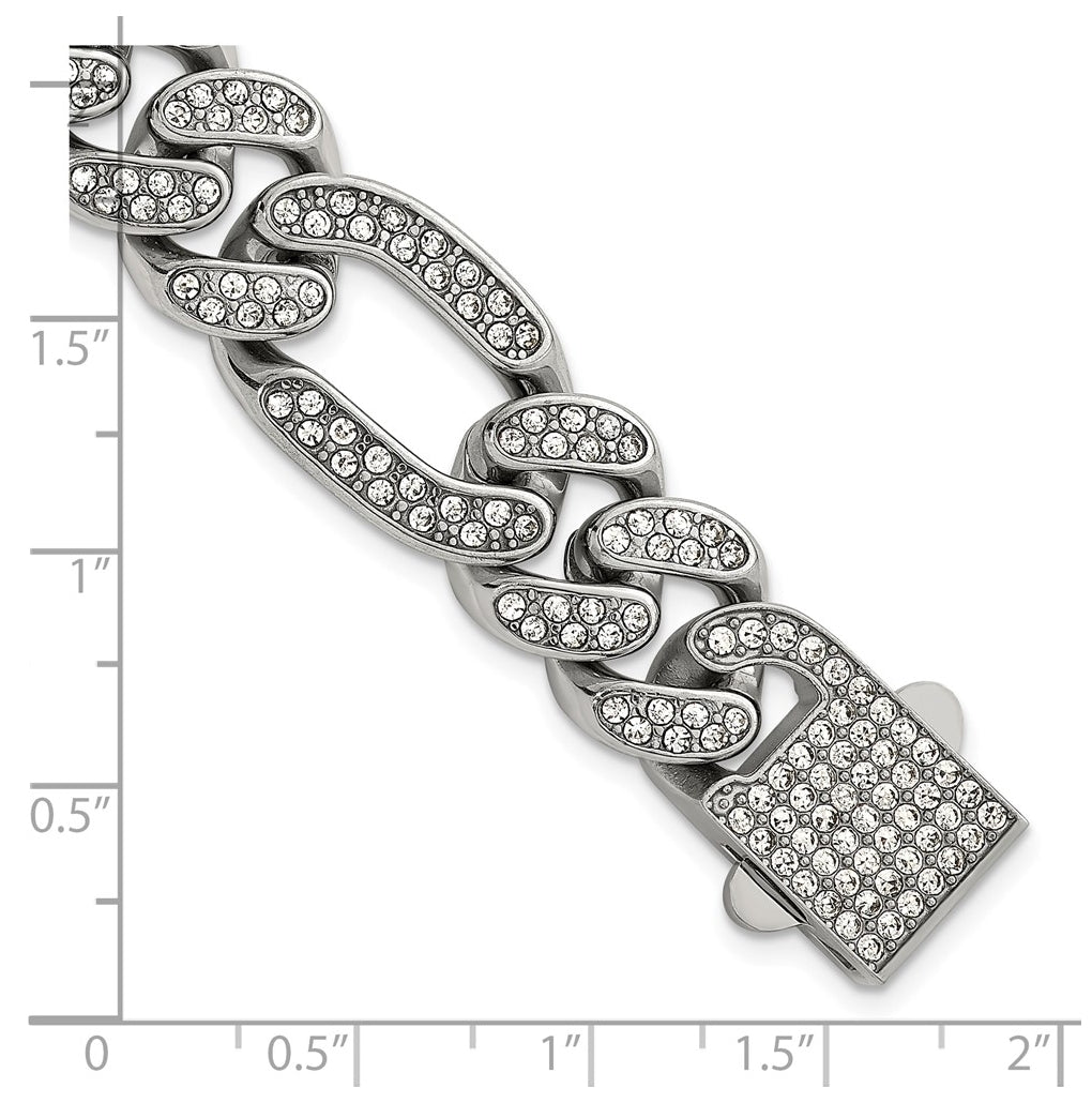 Stainless Steel Polished 16mm Full Crystal Figaro Link 8in Bracelet – Elegant Jewelry Gift for Birthday, Anniversary, Engagement, Wedding