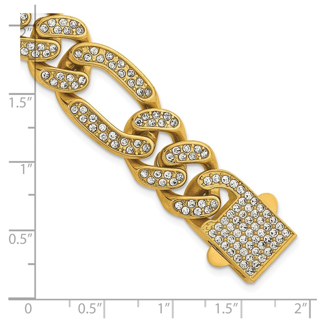 Stainless Steel Polished Yellow IP 16mm Full Crystal Figaro Link Bracelet – Elegant Jewelry Gift for Birthday, Anniversary, Engagement, Wedding
