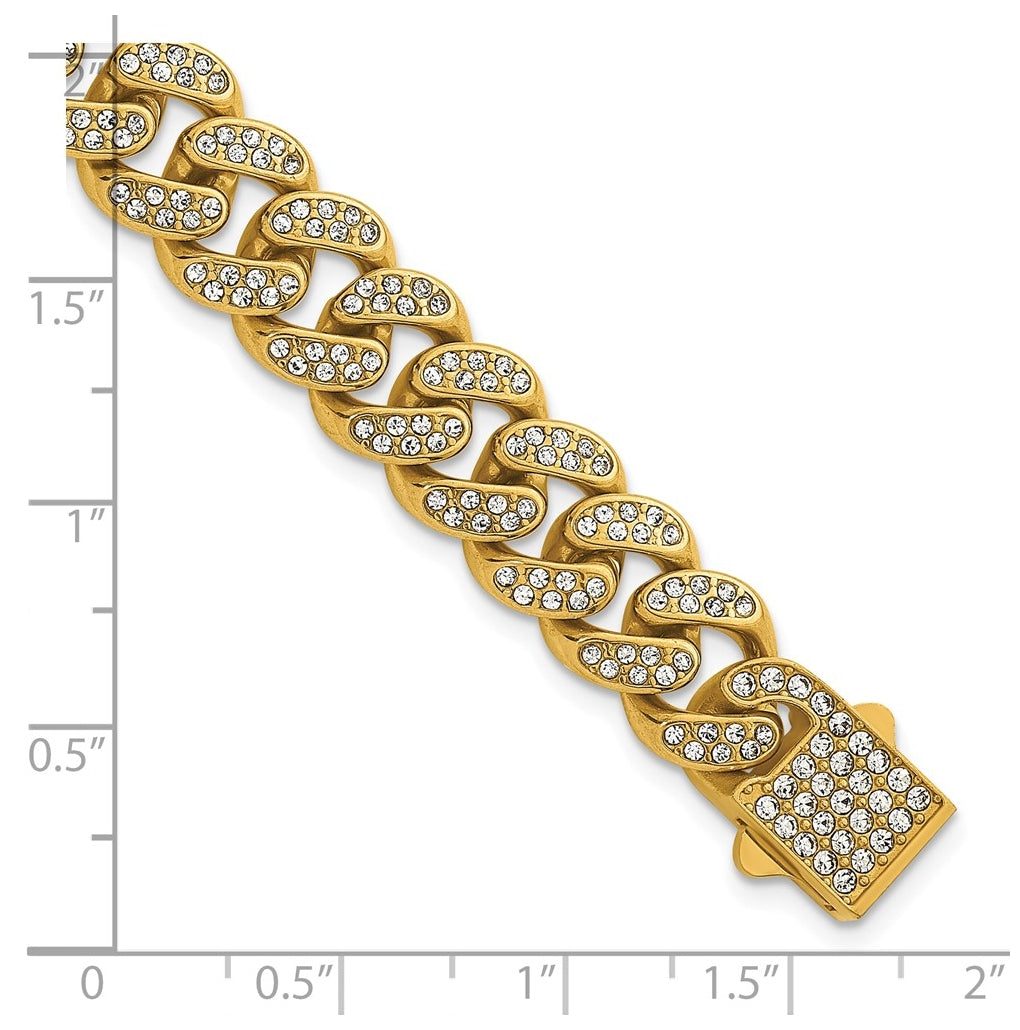 Stainless Steel Polished Yellow IP 11mm Full Crystal Curb Link 8in Bracelet – Elegant Jewelry Gift for Birthday, Anniversary, Engagement, Wedding