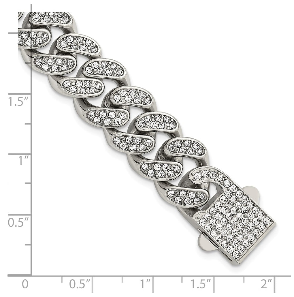 Stainless Steel Polished 15mm Full Crystal Curb Link 8.5in Bracelet – Elegant Jewelry Gift for Birthday, Anniversary, Engagement, Wedding