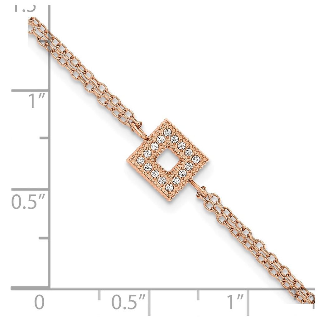 Stainless Steel Polished Rose IP Cubic Zirconia Square 6in with 2in ext. 2-Strand Bracelet – Elegant Jewelry Gift for Birthday, Anniversary, Engagement, Wedding