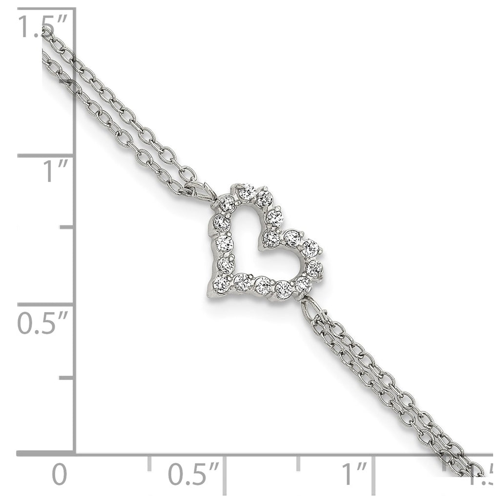 Stainless Steel Polished Cubic Zirconia Heart 6in with 2in ext. 2-Strand Bracelet – Elegant Jewelry Gift for Birthday, Anniversary, Engagement, Wedding