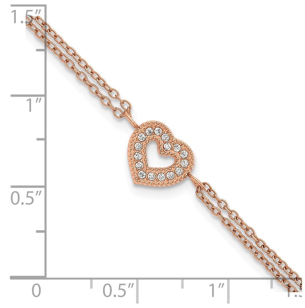 Stainless Steel Polished Rose IP Cubic Zirconia Heart 6in with 2in ext. 2-Strand Bracelet – Elegant Jewelry Gift for Birthday, Anniversary, Engagement, Wedding