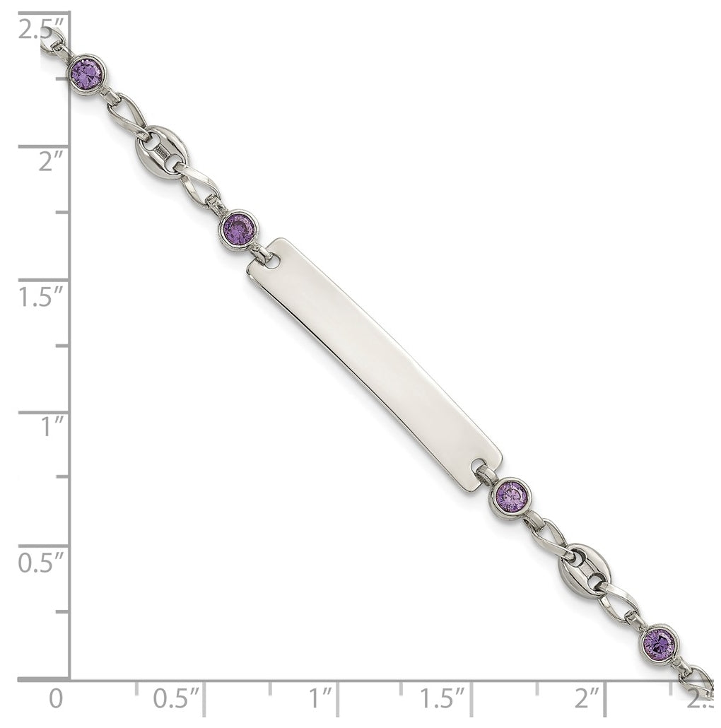 Stainless Steel with 925 Polished Purple Cubic Zirconia Anchor 7.5in ID Bracelet – Elegant Jewelry Gift for Birthday, Anniversary, Engagement, Wedding