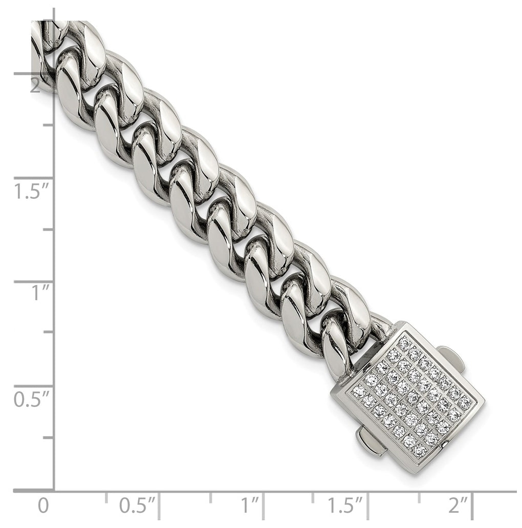 Stainless Steel Polished 10mm Curb Link with Cubic Zirconia Clasp 8.5in Bracelet – Elegant Jewelry Gift for Birthday, Anniversary, Engagement, Wedding
