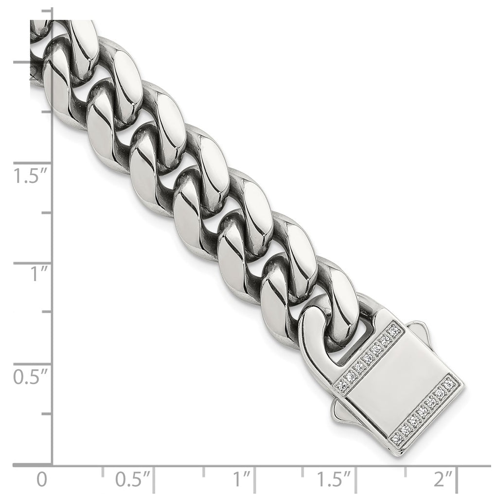 Stainless Steel Polished 12mm Curb Link with Cubic Zirconia Clasp 8.25in Bracelet – Elegant Jewelry Gift for Birthday, Anniversary, Engagement, Wedding