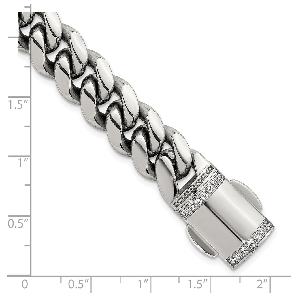 Stainless Steel Polished 12mm Curb Link with Cubic Zirconia Clasp 8.25in Bracelet – Elegant Jewelry Gift for Birthday, Anniversary, Engagement, Wedding