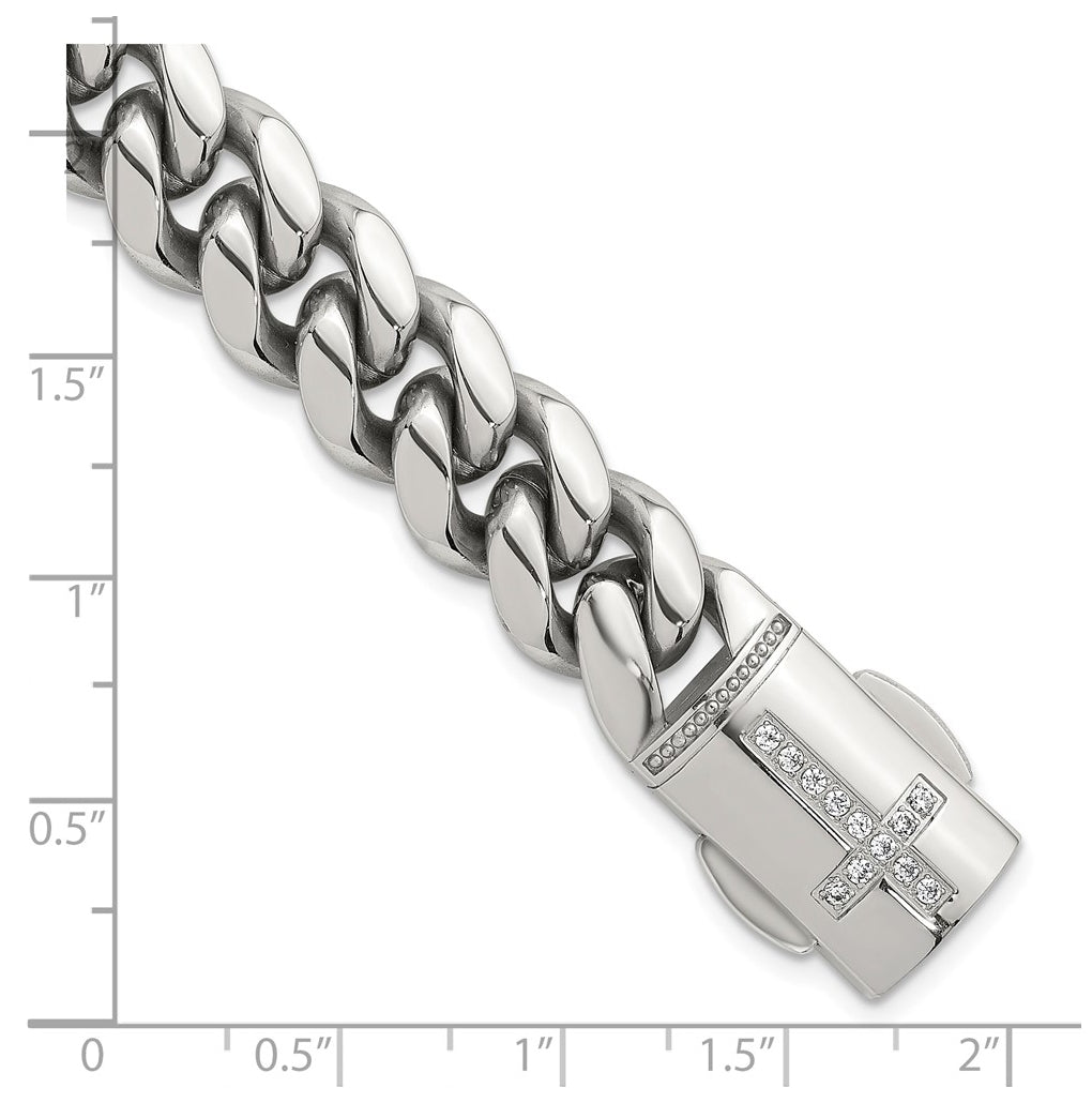 Stainless Steel Polished Curb Link with Cubic Zirconia Cross Clasp 8.5in Bracelet – Elegant Jewelry Gift for Birthday, Anniversary, Engagement, Wedding