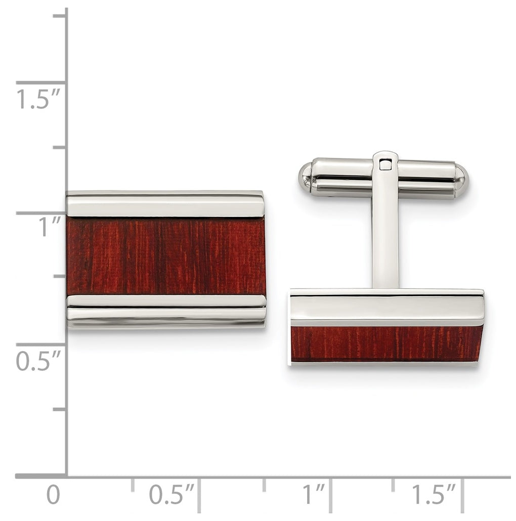 Stainless Steel Polished Red/Orange Koa Wood Inlay Rectangle Cufflinks – Elegant Jewelry Gift for Birthday, Anniversary, Engagement, Wedding