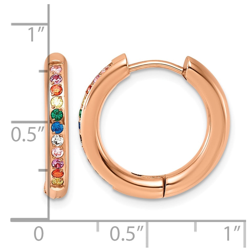 Stainless Steel Polished Rose IP w/Multicolor Cubic Zirconia 3mm Hinged Hoop Earrings – Elegant Jewelry Gift for Birthday, Anniversary, Engagement, Wedding