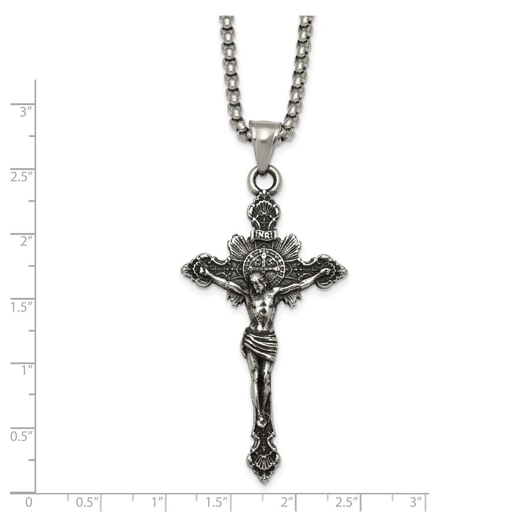 Stainless Steel Antiqued and Polished INRI Crucifix 22in Necklace – Elegant Jewelry Gift for Birthday, Anniversary, Engagement, Wedding