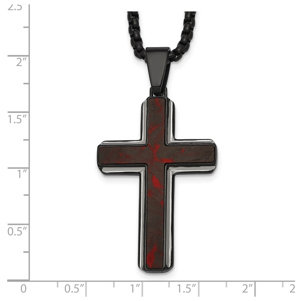 Stainless Steel Polished Blk IP Blk/Red Forged Carbon Fiber Cross Necklace – Elegant Jewelry Gift for Birthday, Anniversary, Engagement, Wedding