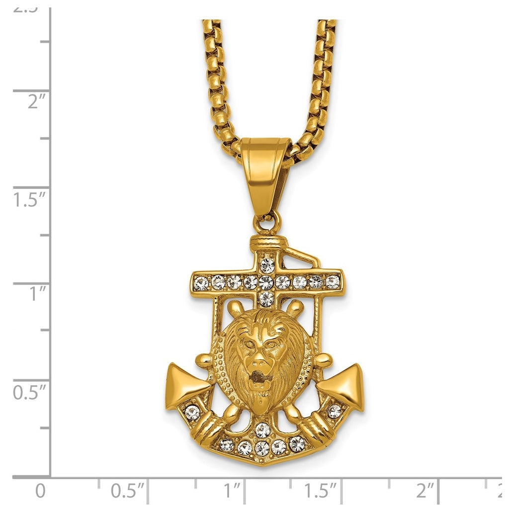Stainless Steel Polished Yellow IP Crystal Anchor and Lion 24in Necklace – Elegant Jewelry Gift for Birthday, Anniversary, Engagement, Wedding
