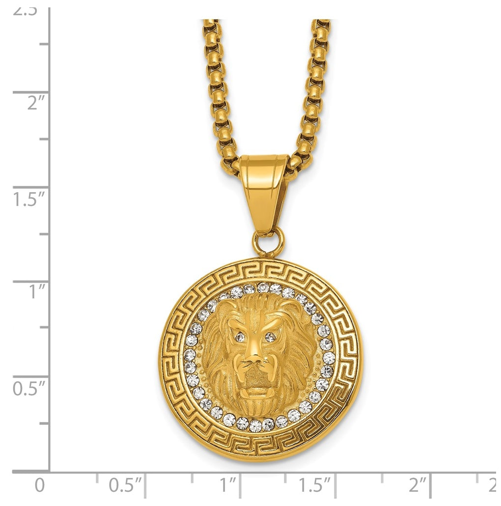 Stainless Steel Polished Yellow IP Lion on Greek Key Crystal Back Necklace – Elegant Jewelry Gift for Birthday, Anniversary, Engagement, Wedding