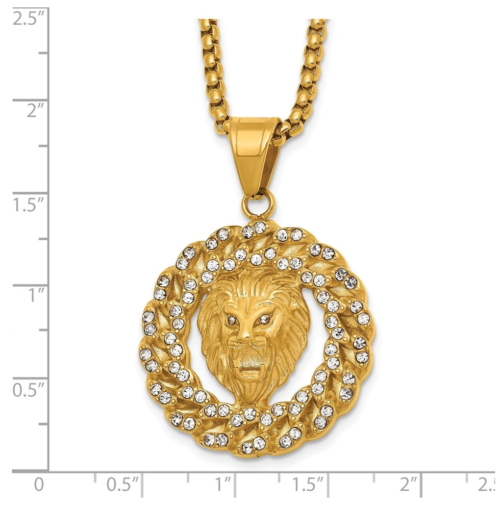 Stainless Steel Polished Yellow IP Lion Head & Crystal Wreath 24in Necklace – Elegant Jewelry Gift for Birthday, Anniversary, Engagement, Wedding