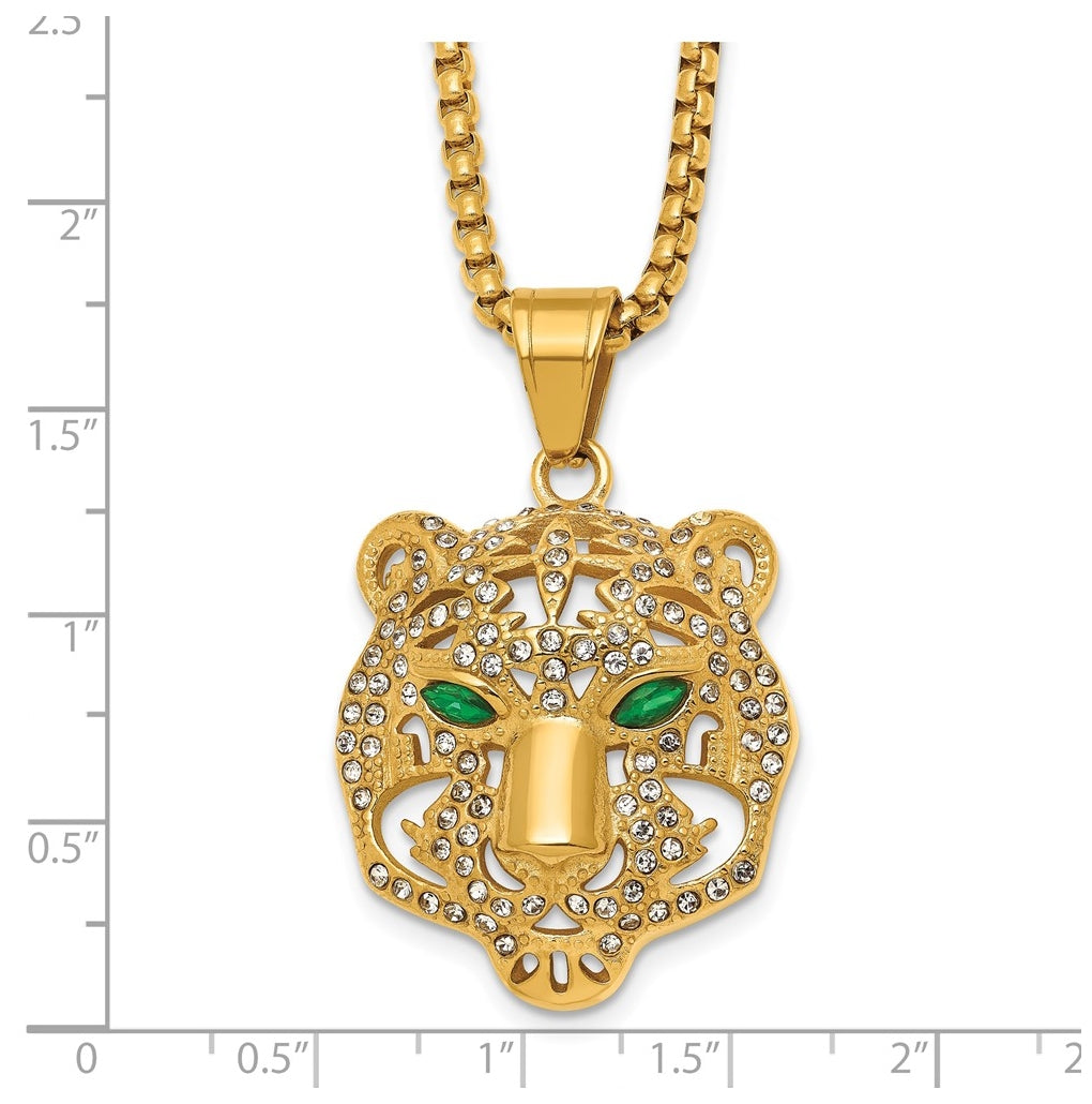 Stainless Steel Polished Yellow IP White/Green Crystal Tiger 24in Necklace – Elegant Jewelry Gift for Birthday, Anniversary, Engagement, Wedding