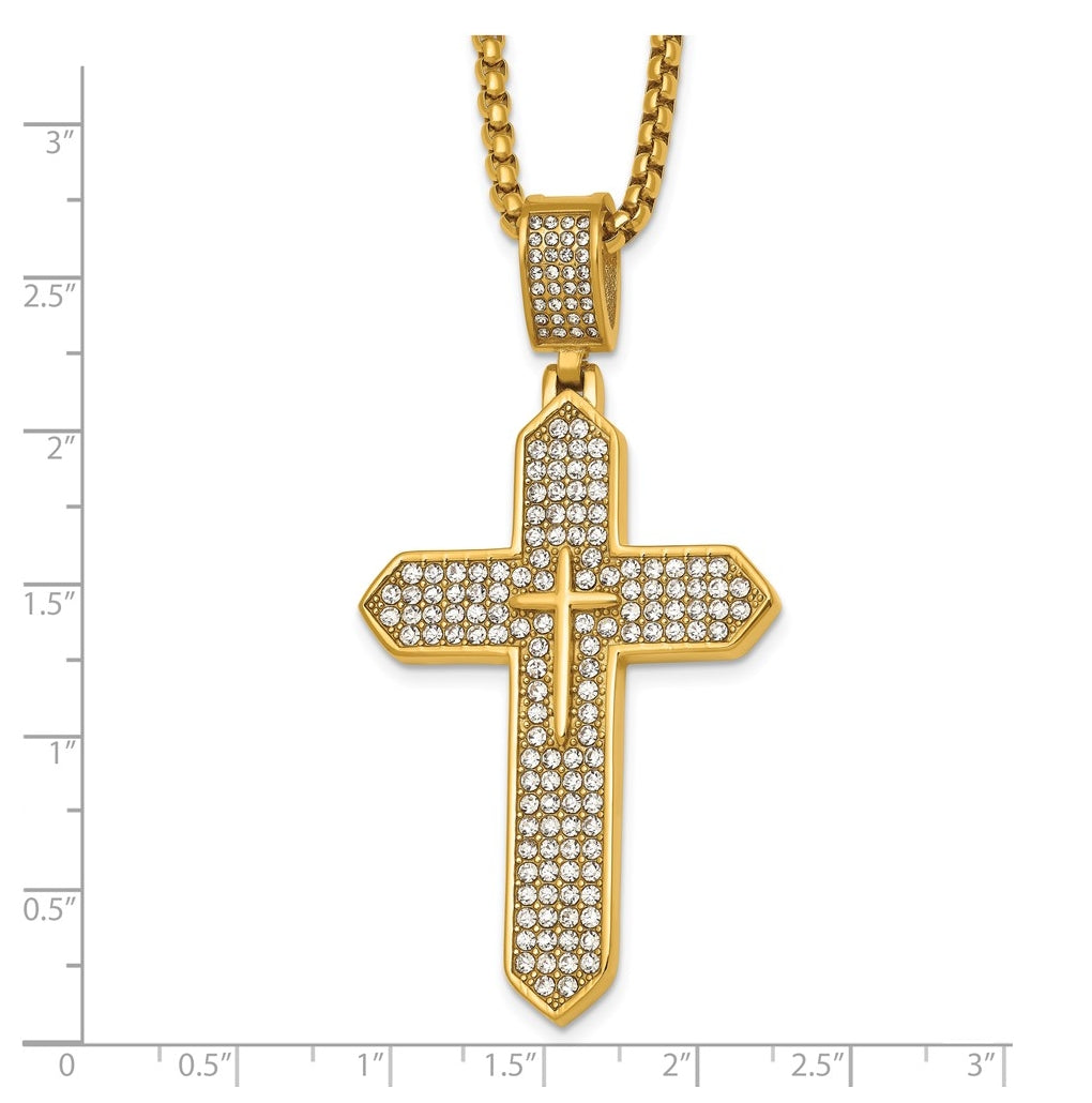 Stainless Steel Polished Yellow IP Crystal Passion Cross 24in Necklace – Elegant Jewelry Gift for Birthday, Anniversary, Engagement, Wedding