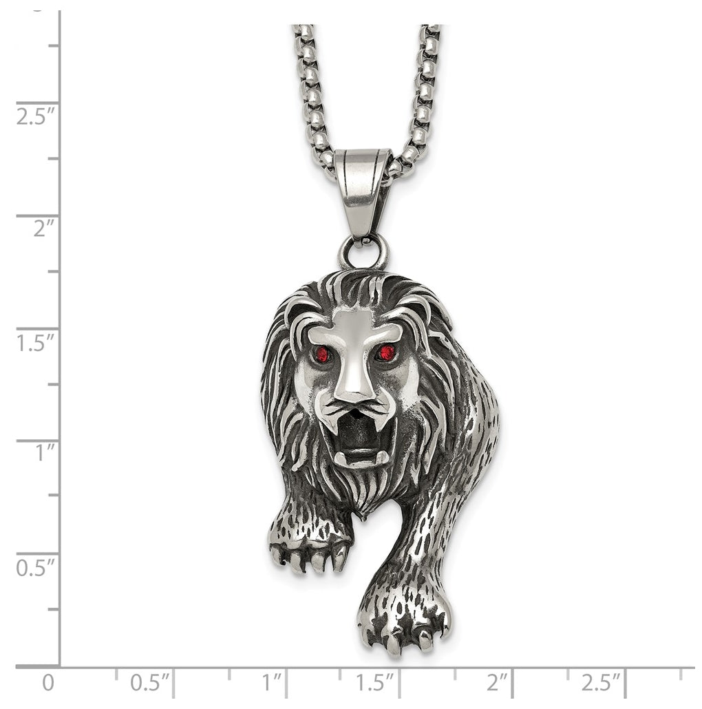 Stainless Steel Antiqued and Polished Red Crystal Eyed Lion 24in Necklace – Elegant Jewelry Gift for Birthday, Anniversary, Engagement, Wedding