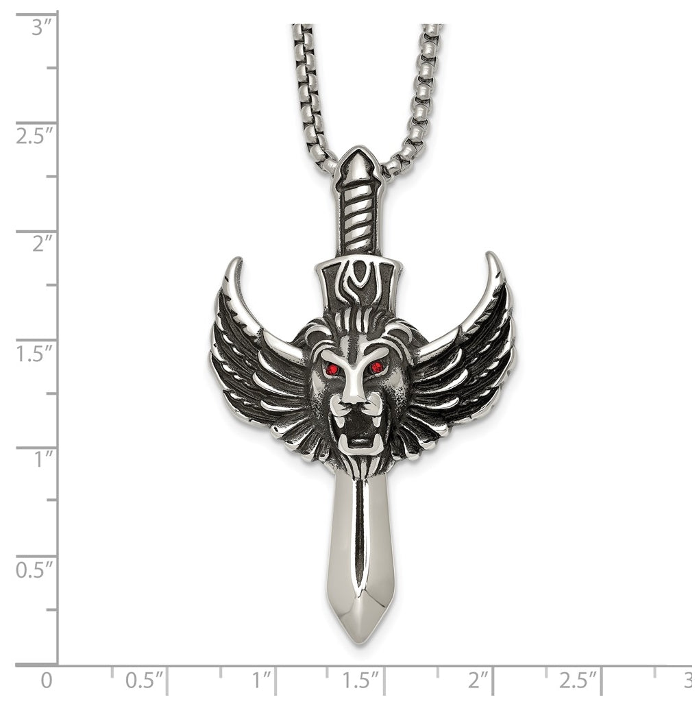 Stainless Steel Antiqued Polished Red Crystal Eyed Lion/Sword 24in Necklace – Elegant Jewelry Gift for Birthday, Anniversary, Engagement, Wedding