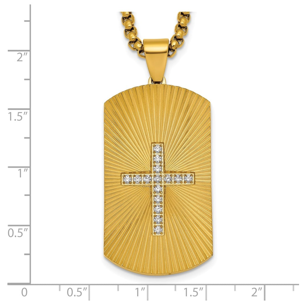 Stainless Steel Brushed/Polished/Textured Yellow IP Cubic Zirconia Cross DogTag Necklace – Elegant Jewelry Gift for Birthday, Anniversary, Engagement, Wedding