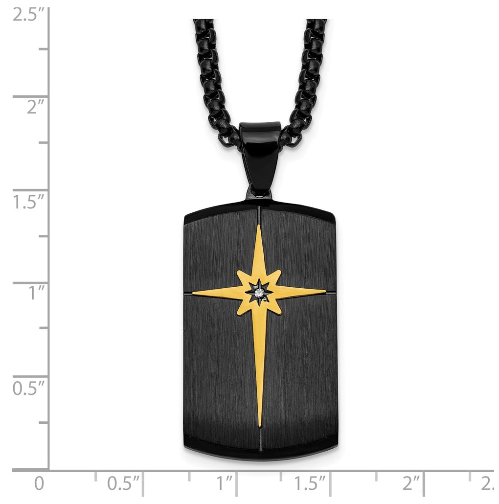Stainless Steel Brushed and Polished Blk/Yellow IP with Cubic Zirconia Dog Tag Necklace – Elegant Jewelry Gift for Birthday, Anniversary, Engagement, Wedding