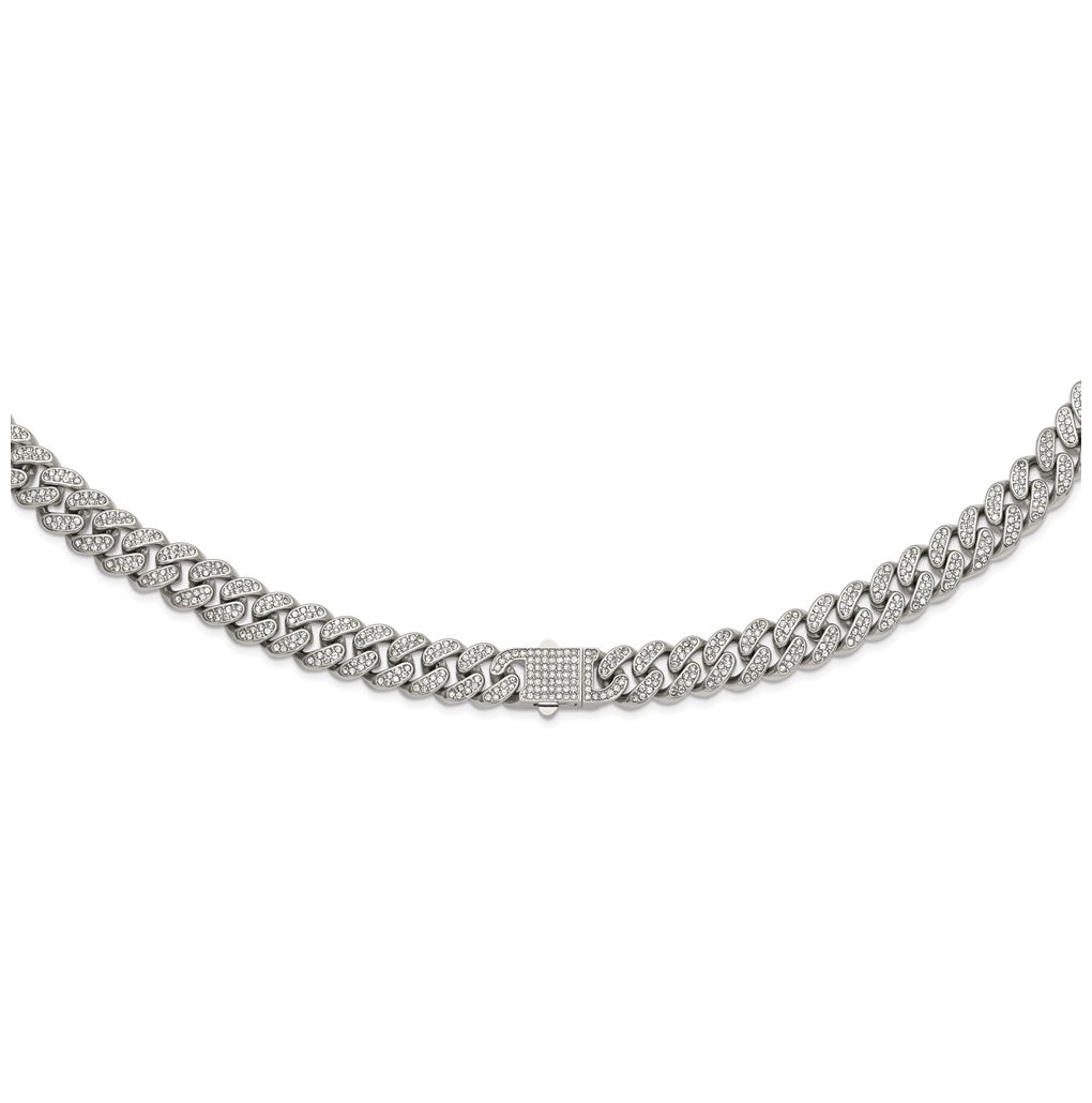 Stainless Steel Polished 14.5mm Full Crystal Curb Link 23.5in Necklace – Elegant Jewelry Gift for Birthday, Anniversary, Engagement, Wedding