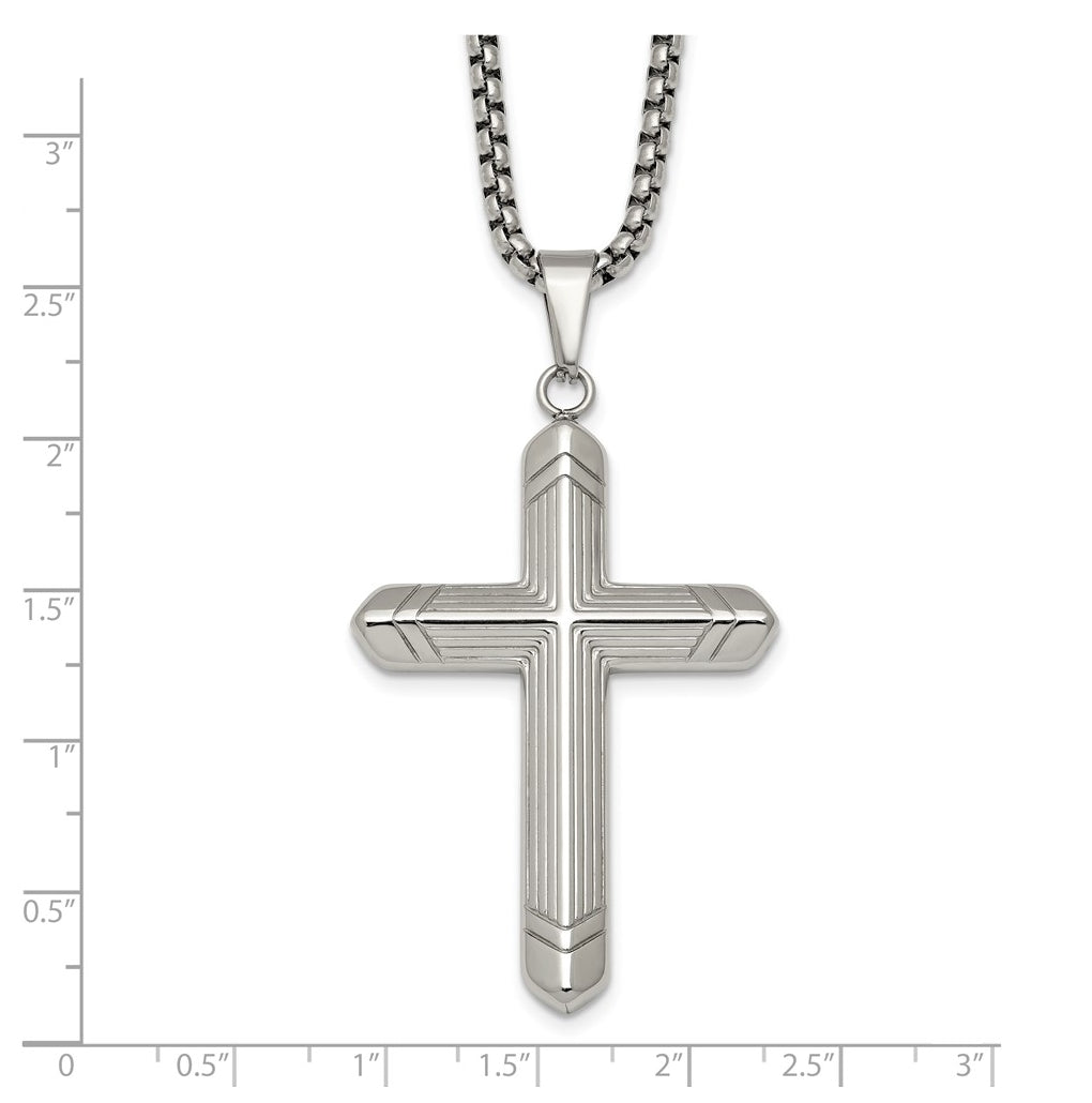Stainless Steel Polished and Textured Cross 24in Necklace – Elegant Jewelry Gift for Birthday, Anniversary, Engagement, Wedding