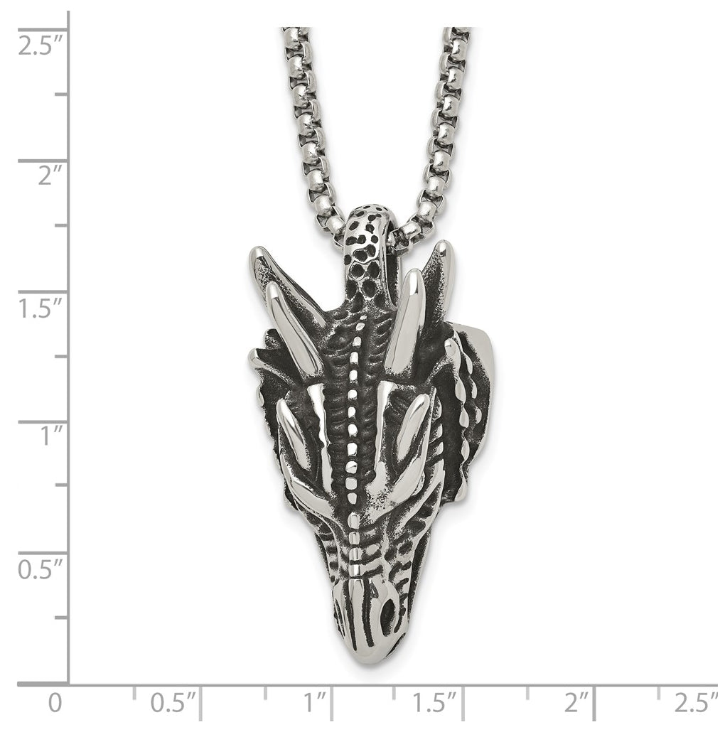 Stainless Steel Antiqued and Polished Dragon Head 24in Necklace – Elegant Jewelry Gift for Birthday, Anniversary, Engagement, Wedding