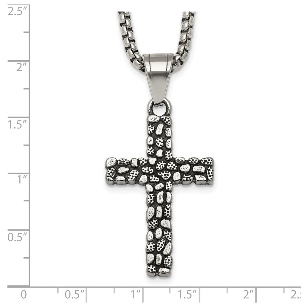 Stainless Steel Antiqued and Polished Textured Cross 24in Necklace – Elegant Jewelry Gift for Birthday, Anniversary, Engagement, Wedding
