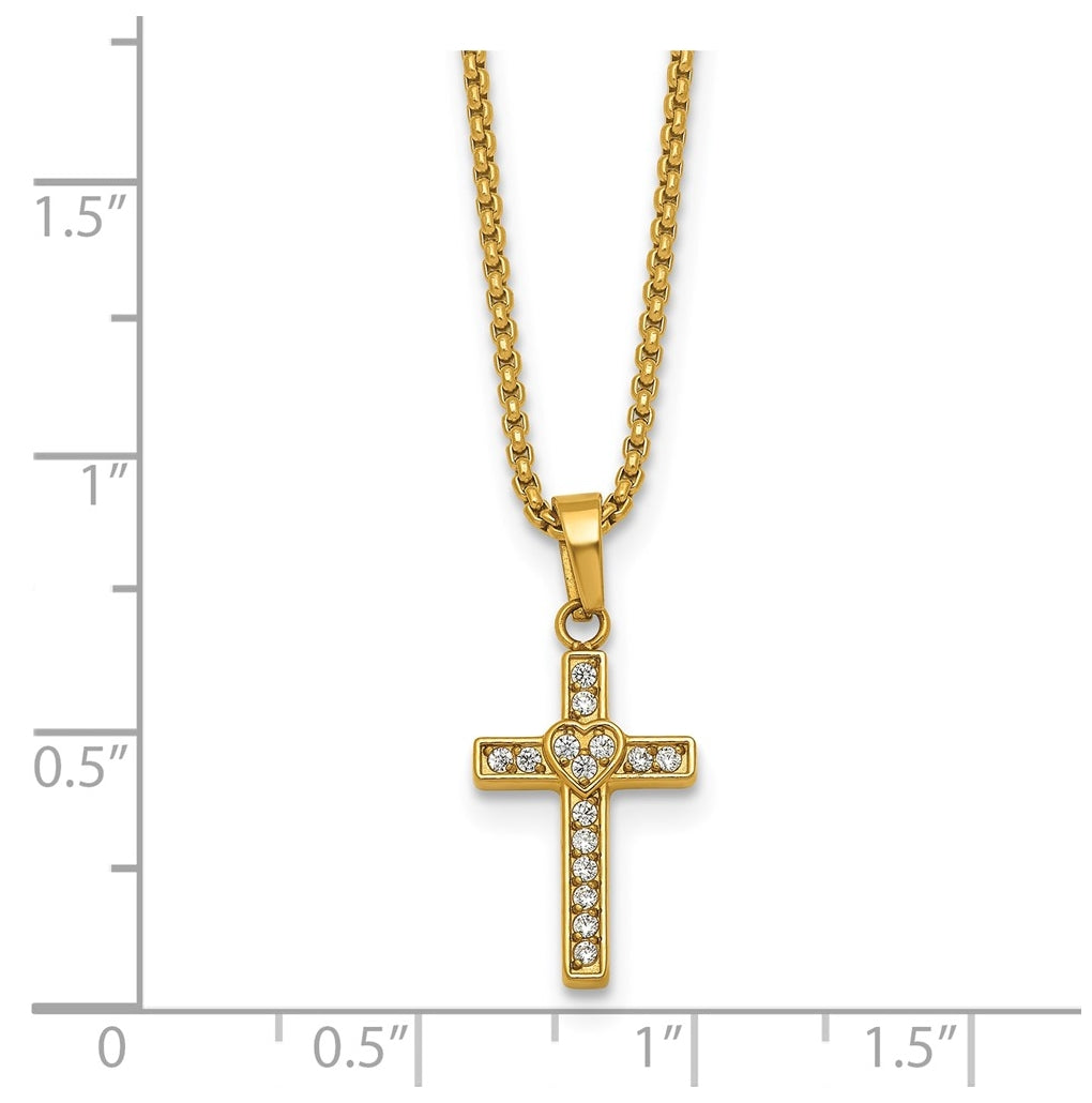 Stainless Steel Polished Yellow IP Cubic Zirconia Cross with Heart 18in with 2in ext Necklace – Elegant Jewelry Gift for Birthday, Anniversary, Engagement, Wedding