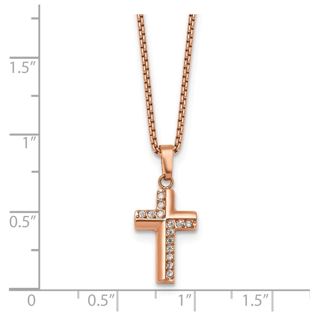 Stainless Steel Polished Rose IP Cubic Zirconia Cross 18in with 1.75in ext. Necklace – Elegant Jewelry Gift for Birthday, Anniversary, Engagement, Wedding