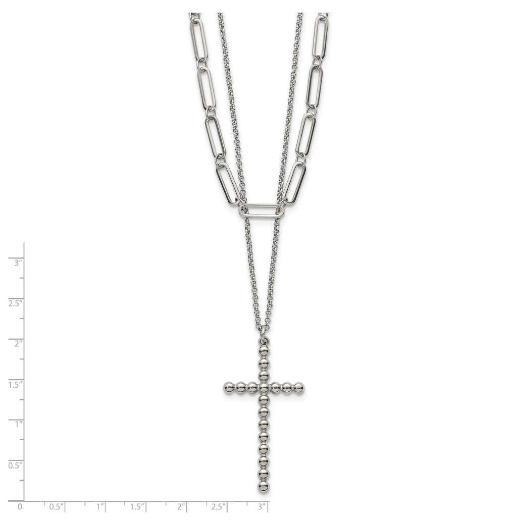 Stainless Steel Polished Beaded Cross 2-Strand 22in with 1.75in ext. Necklace – Elegant Jewelry Gift for Birthday, Anniversary, Engagement, Wedding