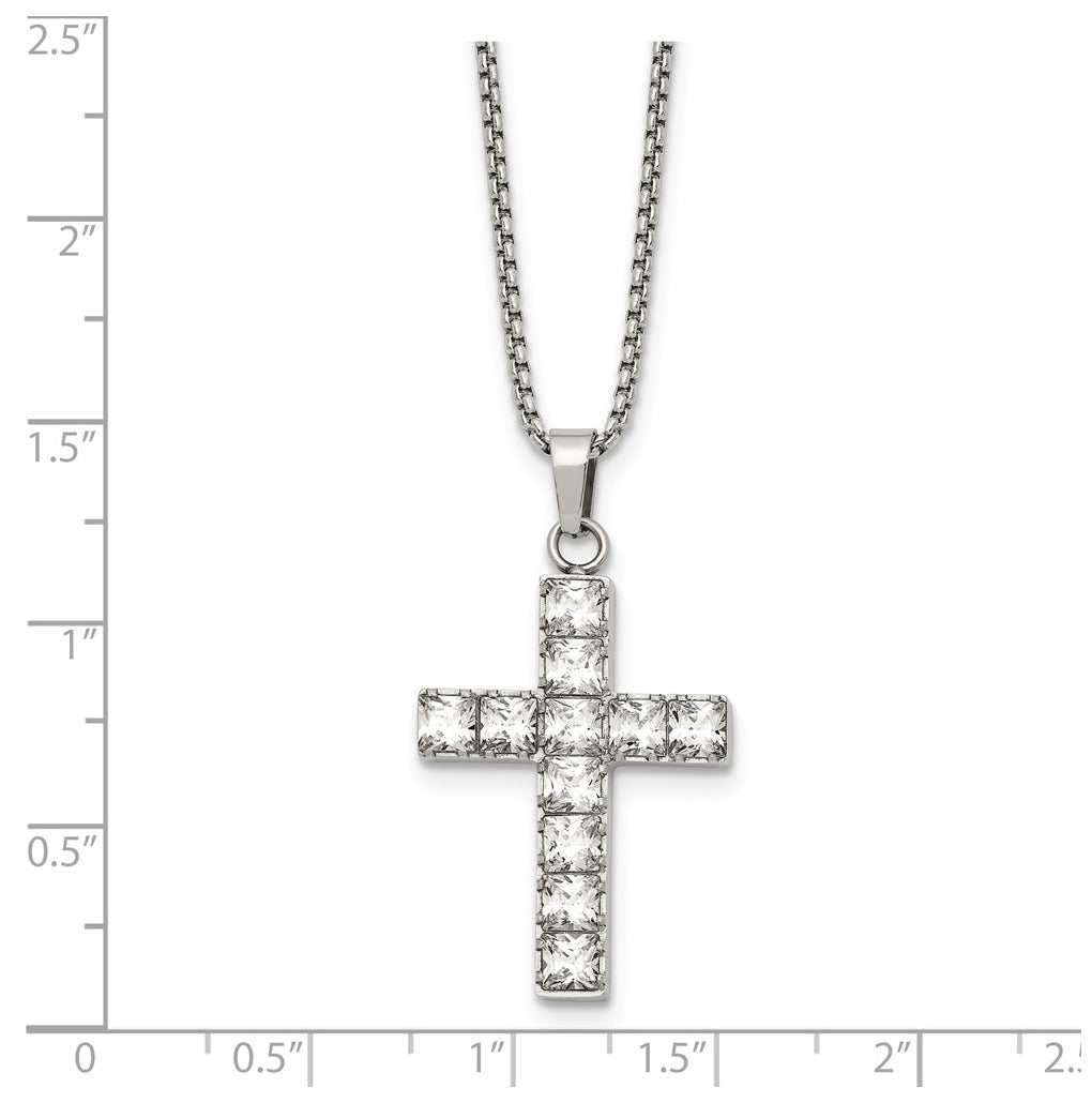 Stainless Steel Polished Cubic Zirconia Cross 18in with 2in ext. Necklace – Elegant Jewelry Gift for Birthday, Anniversary, Engagement, Wedding