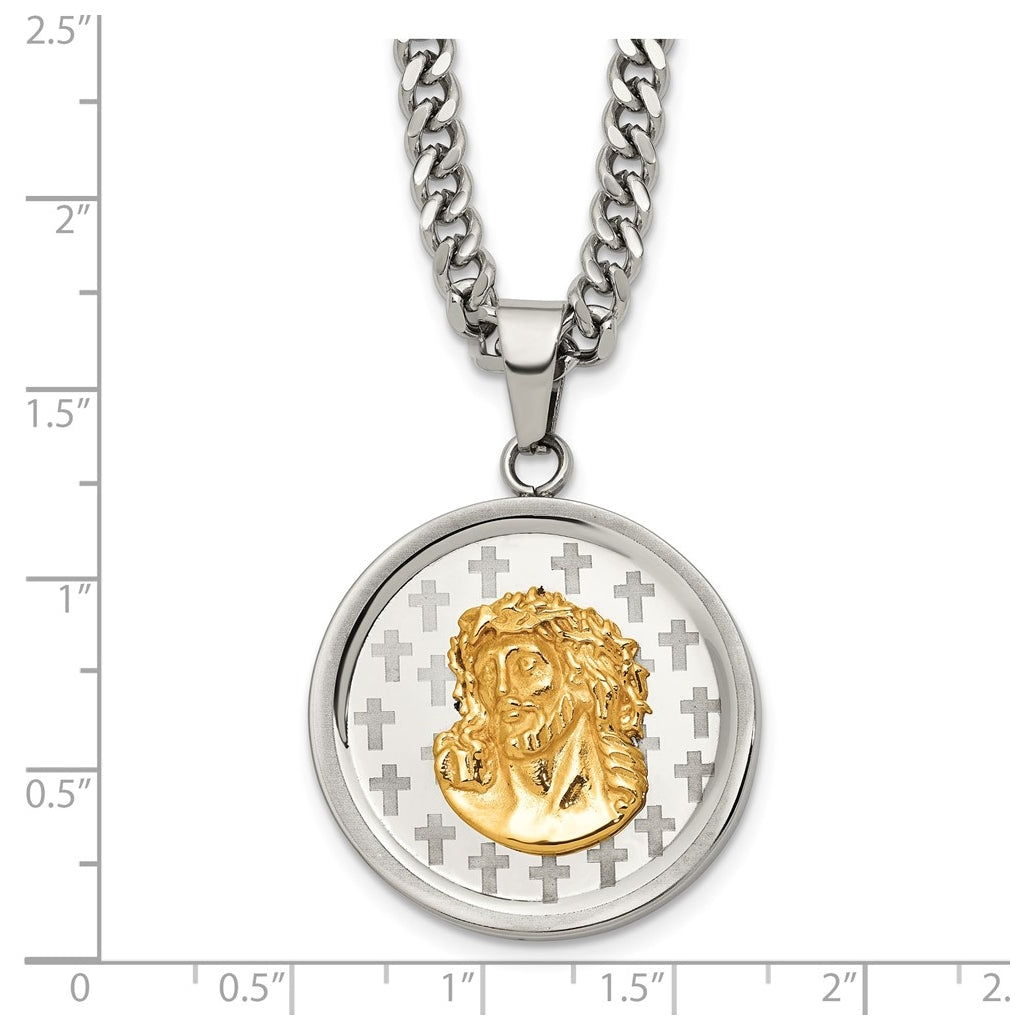 Stainless Steel Polished Yellow IP Jesus on Disc 24in with 2in ext. Necklace – Elegant Jewelry Gift for Birthday, Anniversary, Engagement, Wedding