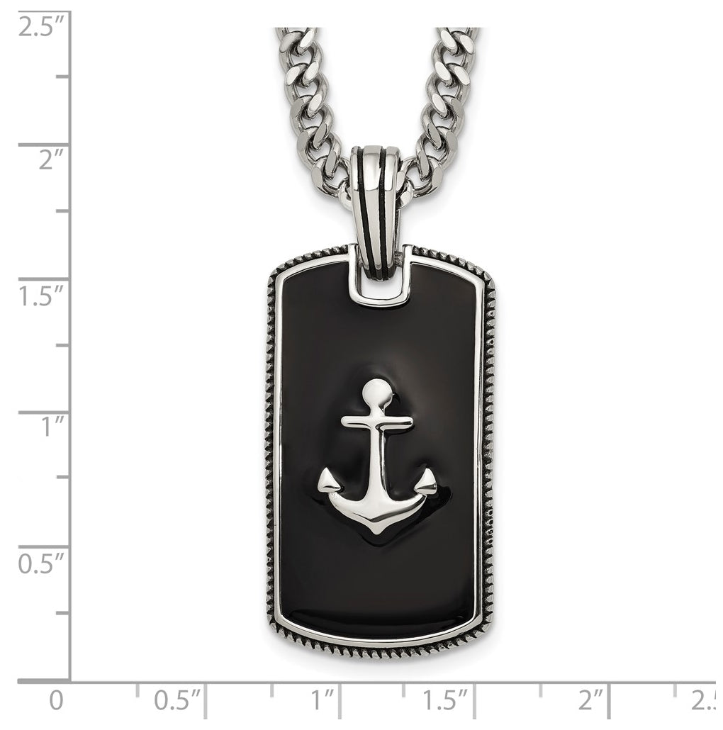 Stainless Steel Polished with Blk Enamel Anchor DogTag 24in with 2in ext. Necklace – Elegant Jewelry Gift for Birthday, Anniversary, Engagement, Wedding