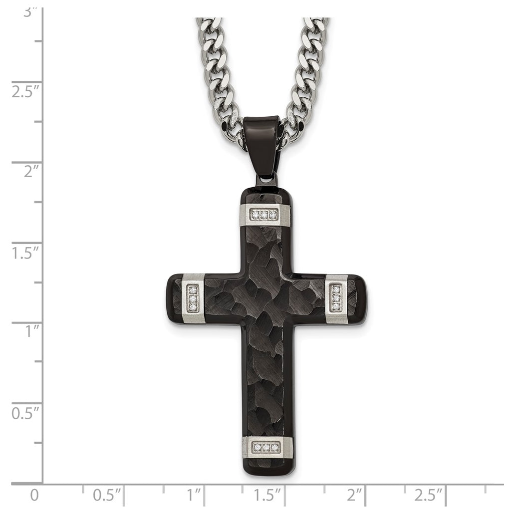 Stainless Steel Polished Hammered Black IP Cubic Zirconia Cross with 2.5in ext. Necklace – Elegant Jewelry Gift for Birthday, Anniversary, Engagement, Wedding