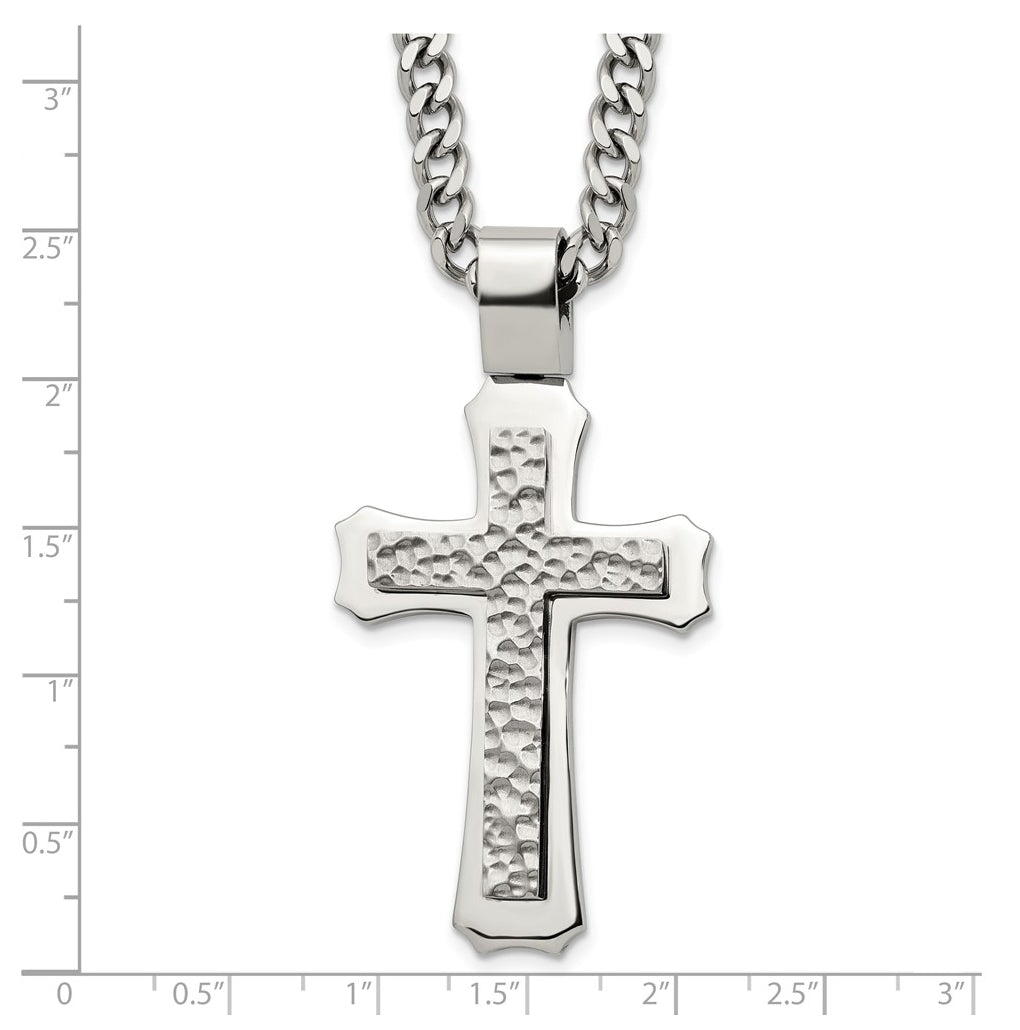 Stainless Steel Polished and Hammered Cross 24in with 2in ext. Necklace – Elegant Jewelry Gift for Birthday, Anniversary, Engagement, Wedding